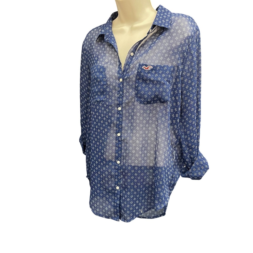 Hollister California Blue Sheer Floral Button Down Roll Tab Shirt Small Logo